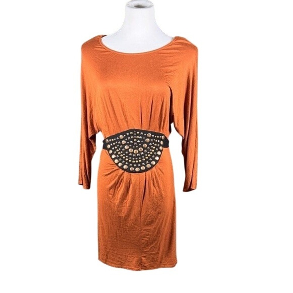 Bebe Womens Burnt‎ Orange Studded Waist Heart Cutout Back Mini Dress Medium